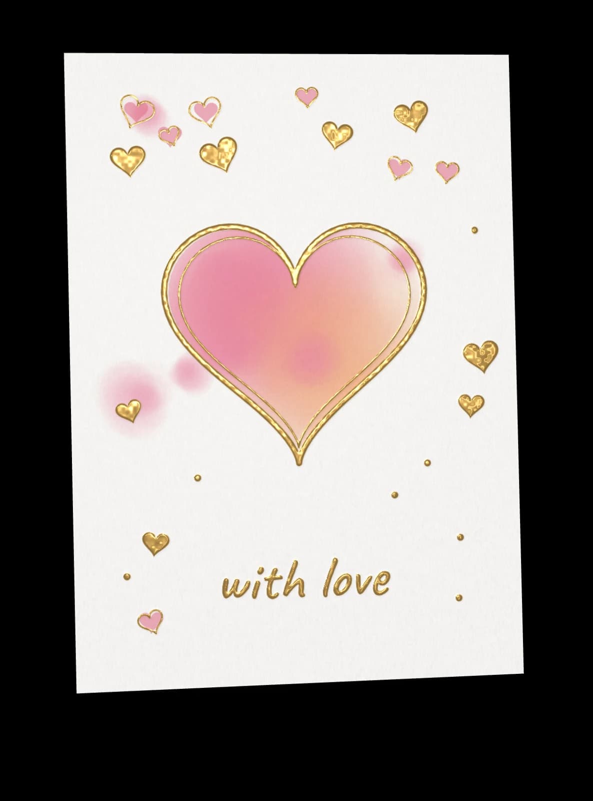 A white card with gold foil hearts, tilted in the light